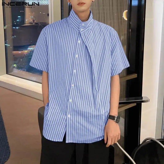 maoxiangshop 2024 Men Striped Shirt Stand Collar Short Sleeve Summer Streetwear Men Clothing Pleated Fashion Casual Male Shirts S-5XL