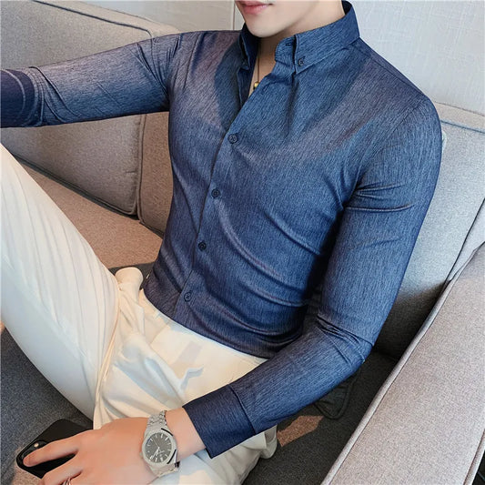 maoxiangshop British Style Men Long Sleeved Shirt Autumn Anti-wrinkle Soft Solid Casual Elastic Slim Fit Camisas Y Blusas Men Clothing