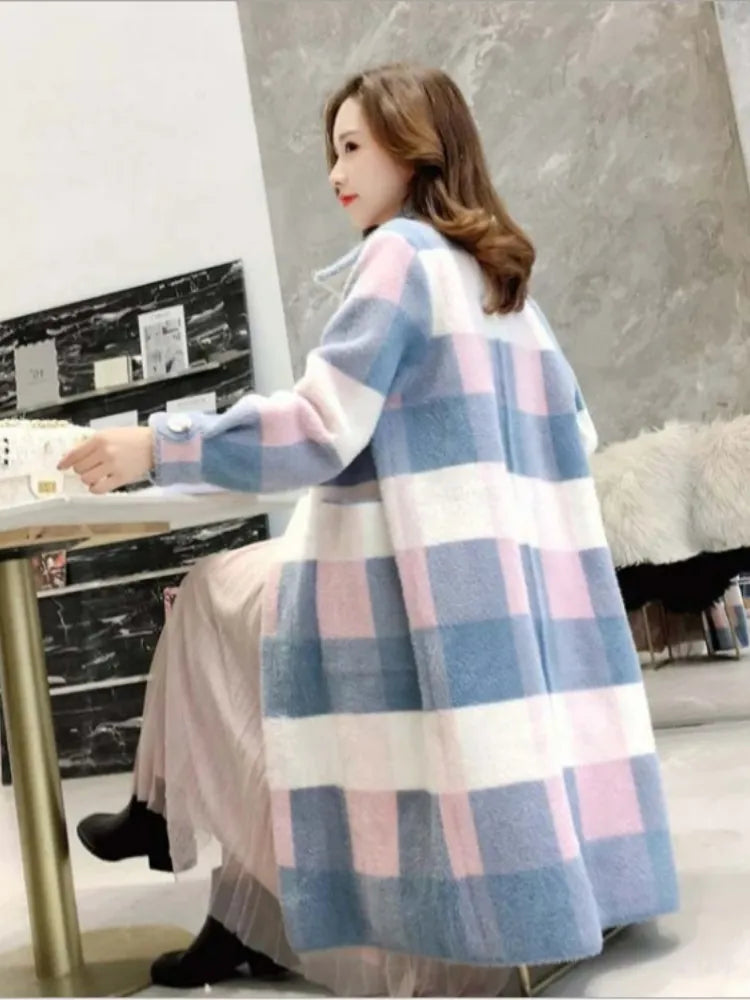 maoxiangshop popular plaid coat winter women's new Korean version imitation mink coat medium long lapel woolen coat