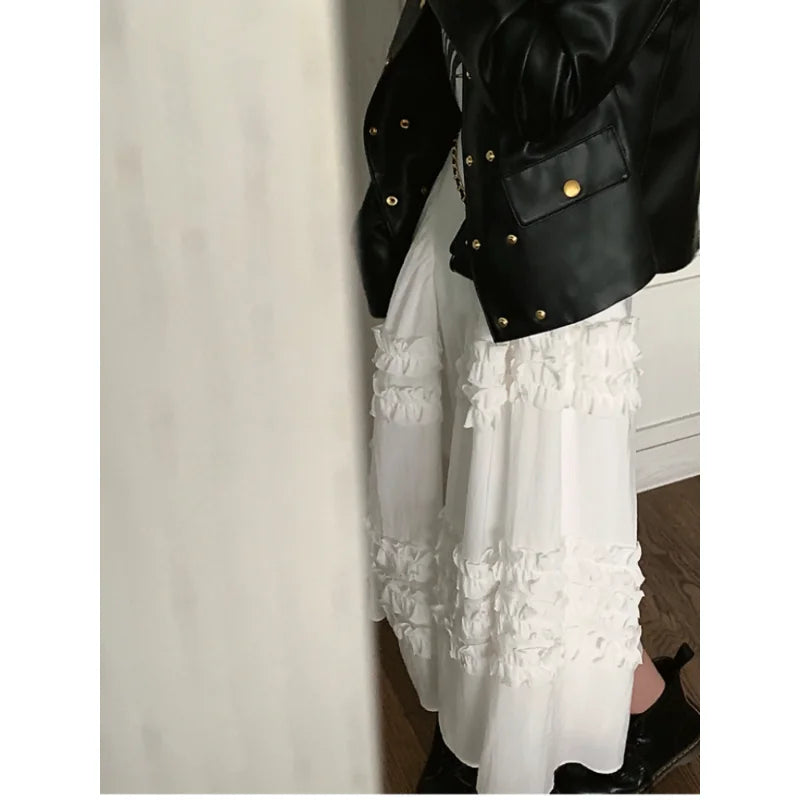 maoxiangshop Irregular Pleated Skirt Solid Color Elastic High Waist Stitching Ruffled Woman Skirt Simple Fashion  Autumn New