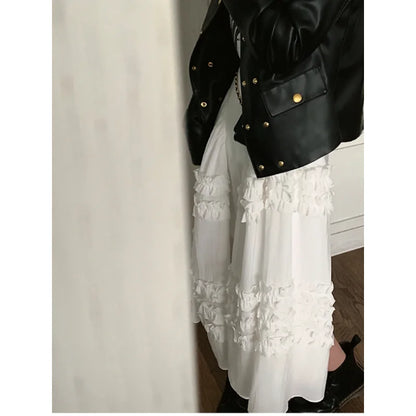 maoxiangshop Irregular Pleated Skirt Solid Color Elastic High Waist Stitching Ruffled Woman Skirt Simple Fashion  Autumn New