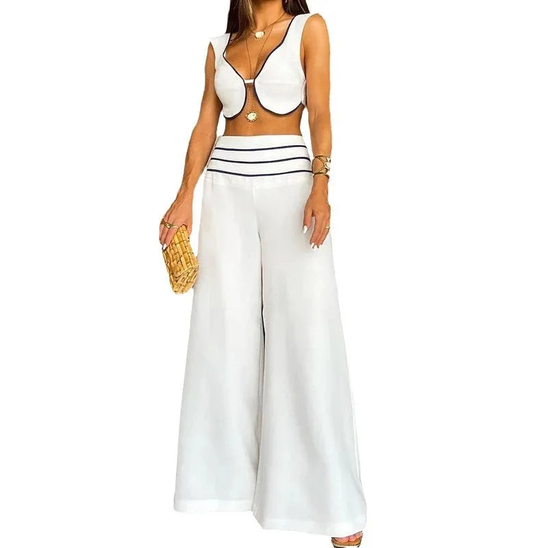 maoxiangshop Two Piece Set Women Outfit Summer Fashion Commuter Stripe Casual Sleeveless Hollow Out Crop Top & High Waist Wide Leg Pants Set