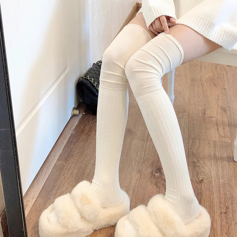 maoxiangshop Solid Color Thigh High Stockings Women Trendy Casual Over The Knee Female Long Socks Thermal Warm Cotton Tall Tube Leggings