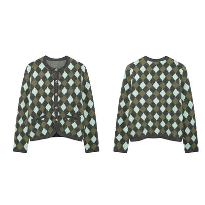 maoxiangshop  -  Elegant Plaid Knitted Cardigan Women Casual O-neck Long Sleeve Single Breasted Female Sweater 2024 Autumn Pocket Lady Knitwear
