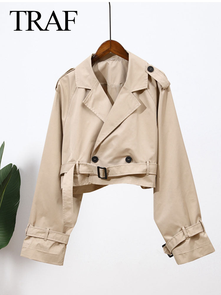 TRAF 2023 Fashion Women Khaki Cropped Coat Vintage Solid Long Sleeve Button Jacket Chic Tops Female Casual Streetwear Coats