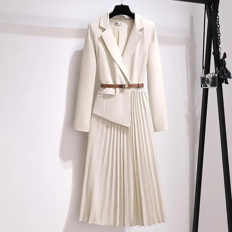 Long Dress Belt Patchwork One Piece Blazer Dress Women Elegant Office Ladies Long Sleeve Notched Female Autumn Midi Vestido