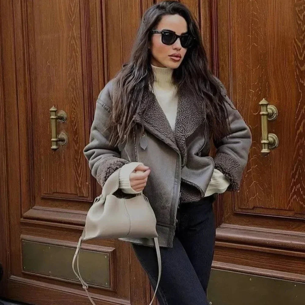 maoxiangshop  -  Winter Warm Faux Fur Jacket Women Long Sleeve Loose Lapel Jackets Coat Coat Female Faux Leather Jacket Casual Outwear