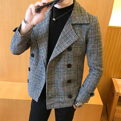 maoxiangshop Autumn Winter New Double-Breasted Windbreaker Slim Short Men Woolen Coat Fashion Retro Plaid Thick Casual Windbreaker Coat