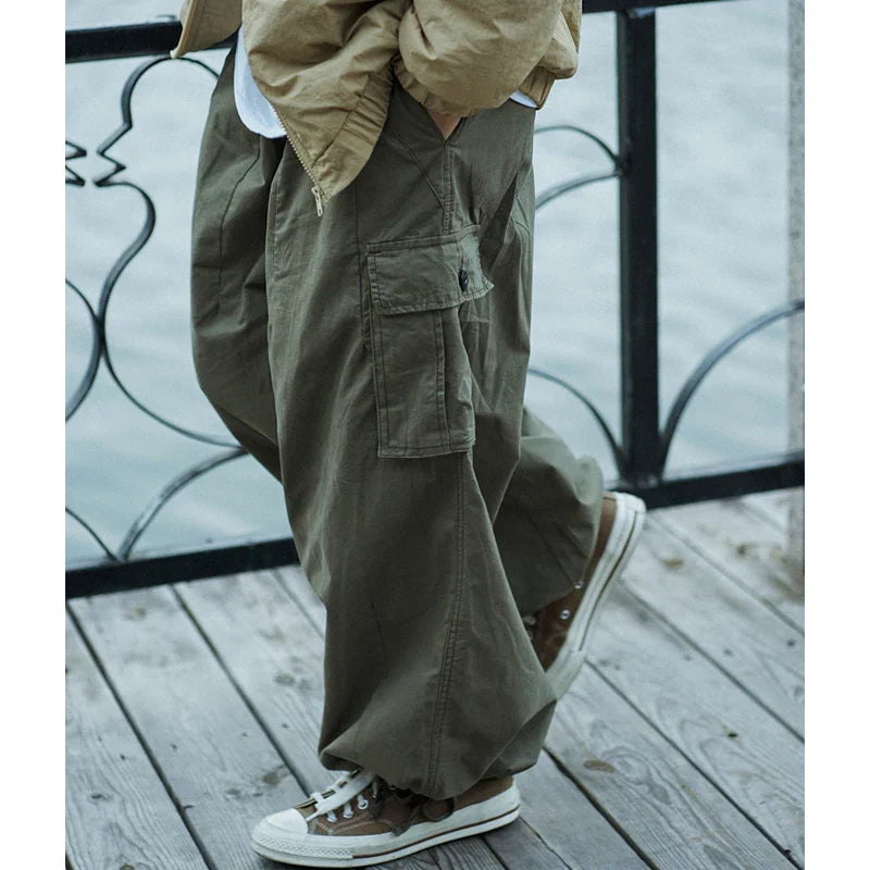 maoxiangshop Multi-Pocket Cargo Pants Men's Casual Solid Colour Straight Pants Baggy Wide-leg Cropped Pants Men Ankle-length Pants