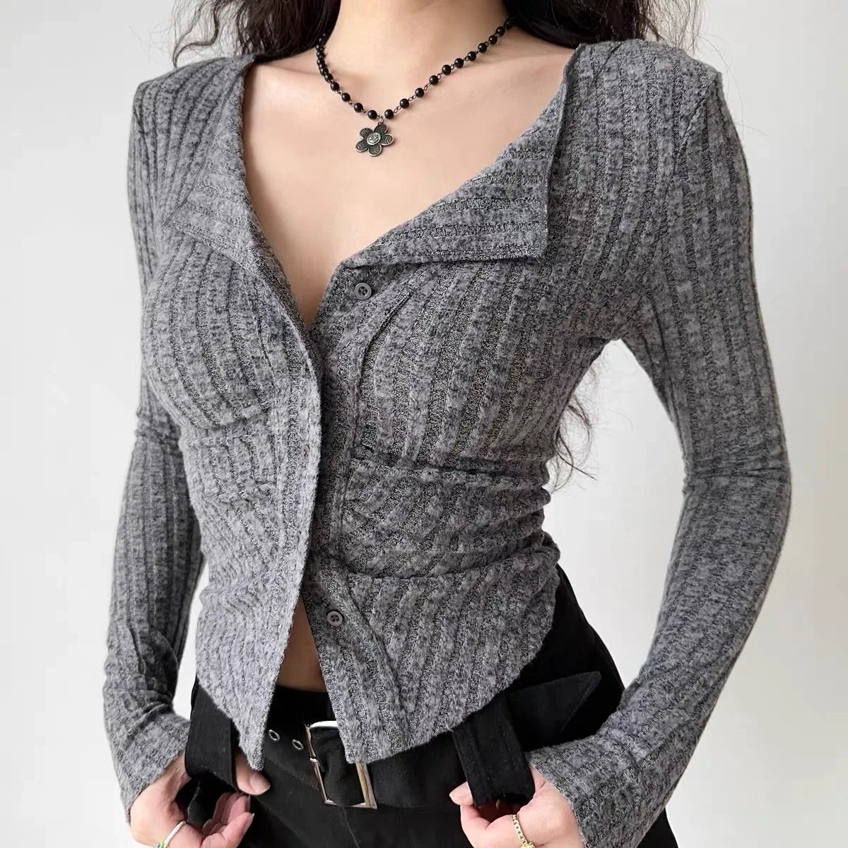 Y2k Knitted Cardigan Women  Collar Sweater Coat Vintage Long Sleeve Single Breasted Top Autumn Fashion Girls Knitwear Jumper