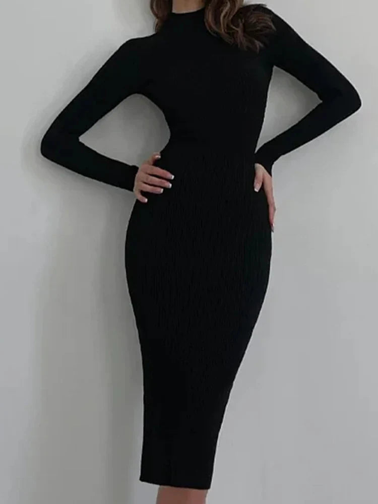 maoxiangshop Knitted Turtleneck Dress Women Autumn Winter Long Sleeve Bodycon Midi Dresses Female Elegant Fashion Solid Color Skinny Dress