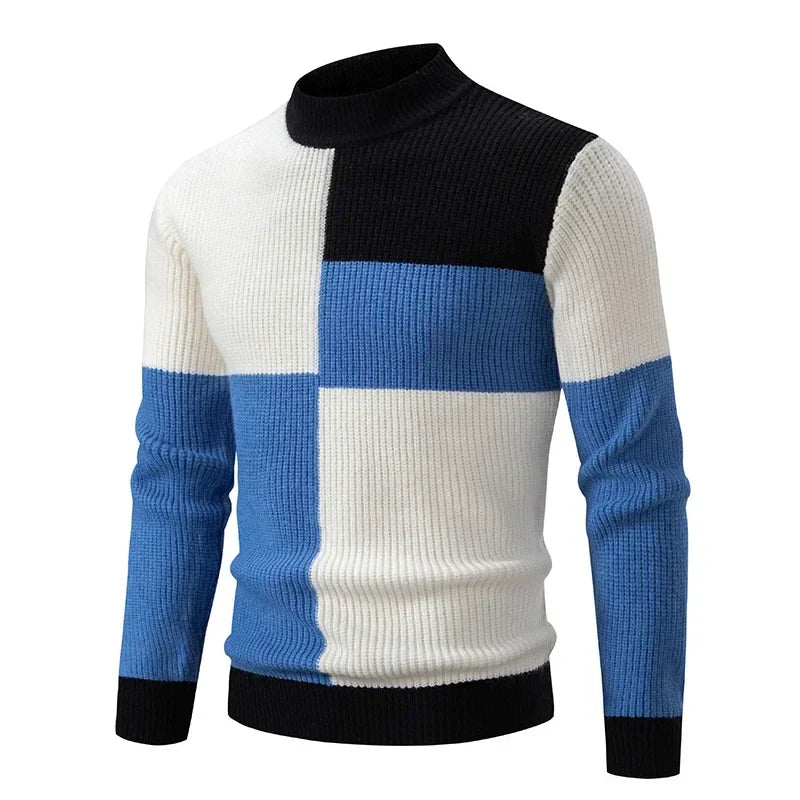 maoxiangshop Men's Autumn Winter New Mock Neck Pullovers Fashion Patchwork Knitted Warm Sweater Man Slim Fit Casual Knitwear Sweaters Tops