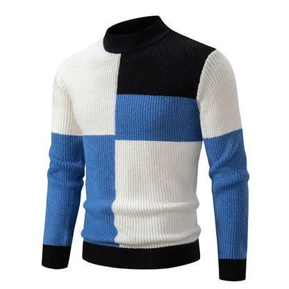 maoxiangshop Men's Autumn Winter New Mock Neck Pullovers Fashion Patchwork Knitted Warm Sweater Man Slim Fit Casual Knitwear Sweaters Tops