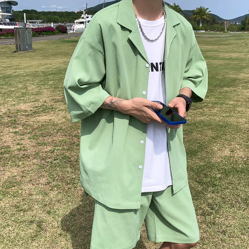 maoxiangshop Summer Two-Piece Men's Sets Shirt and Shorts Casual Outfits Oversized Short Suit Plain Clothes Clean Fit
