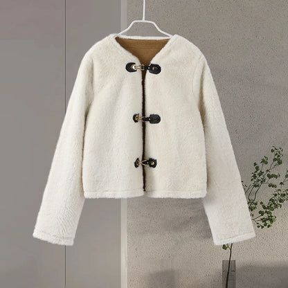 maoxiangshop  -  2024 Winter Lambs Wool Jacket Coat Loose O-neck Leather Knot Buckle Long Sleeve Plush Jackets Autumn Fashion Lady Solid Outwear