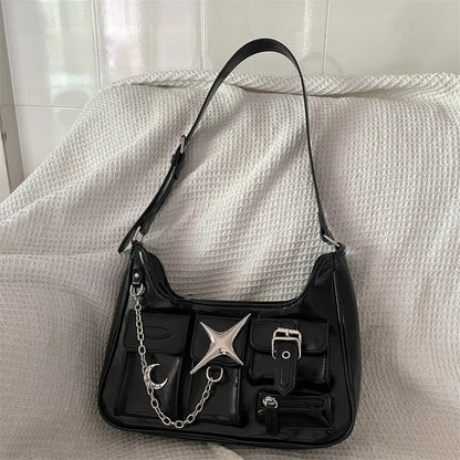 Y2k Womens Shoulder Bag Harajuku Fashion Gothic Casual Black Chains Handbag Hot Girls Pu Leather Ladies Motorcycle Bag Sac