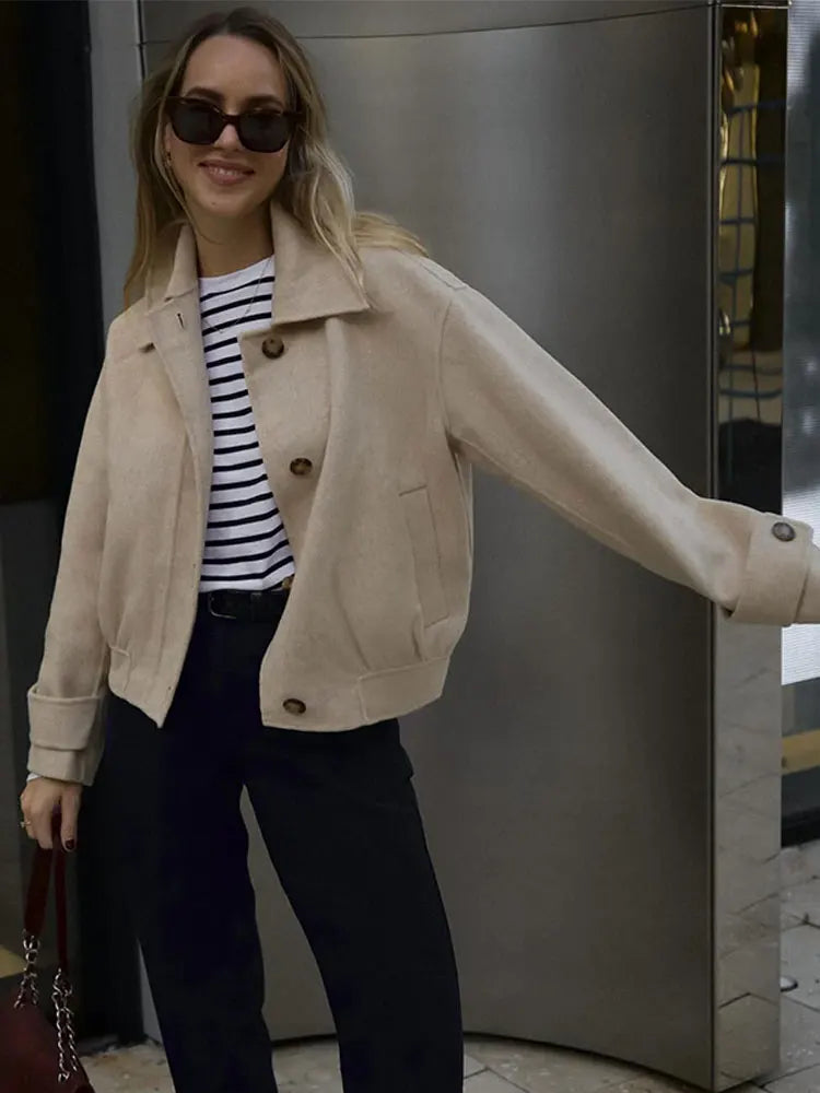 maoxiangshop -  Lapel Collar Long Sleeve Woolen Jacket Women Single-breasted Warm Short Coats Autumn Winter Fashion Female Streetwear