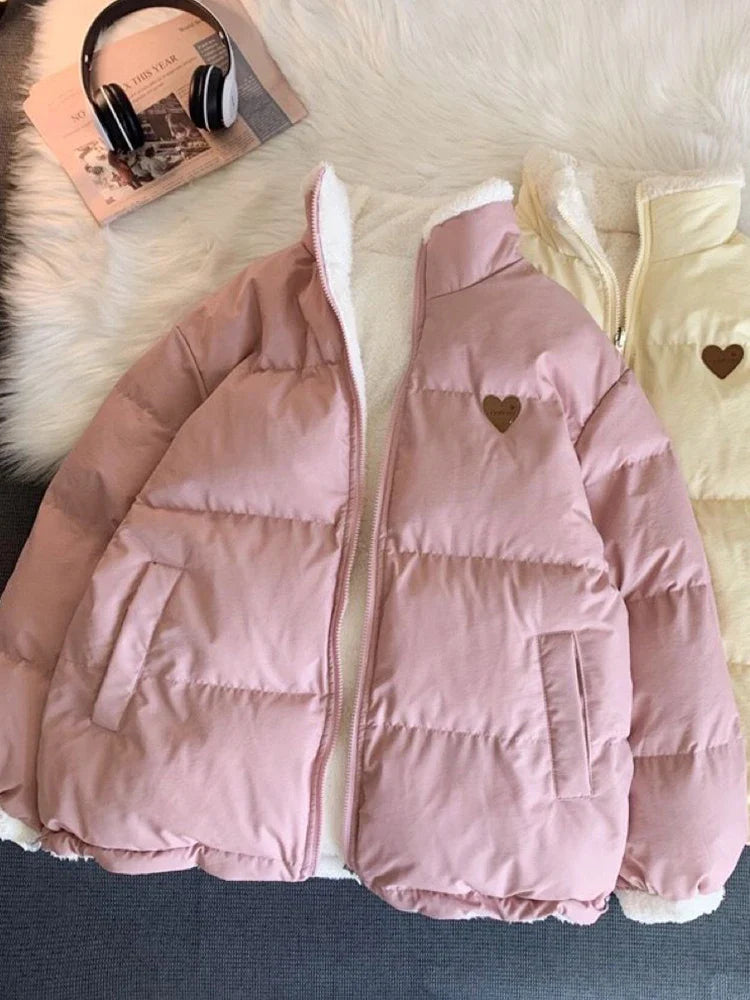 maoxiangshop Cute Embroidery Women Parkas Coat Winter Thick Hairy Korean Loose Warm Jacket Double Sided Design Pink Student Clothes