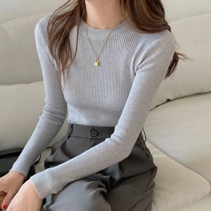 maoxiangshop Sweater Women Pullover Autumn Winter Basic Slim Fit O-Neck Knitted Sweaters Female Solid Ribbed Long Sleeve Jumpers Top