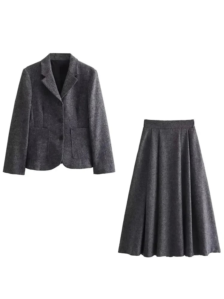 maoxiangshop HH TRAF Women Autumn Wool Blend Blazer Pleated Skirt Set Casual Lapel Sleeves Slim Jacket Women's Versatile High Waist Skirts