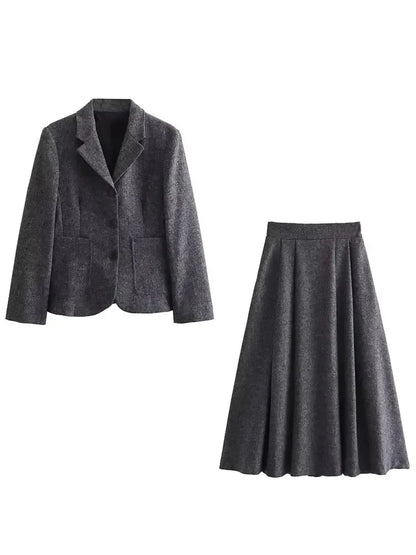 maoxiangshop HH TRAF Women Autumn Wool Blend Blazer Pleated Skirt Set Casual Lapel Sleeves Slim Jacket Women's Versatile High Waist Skirts