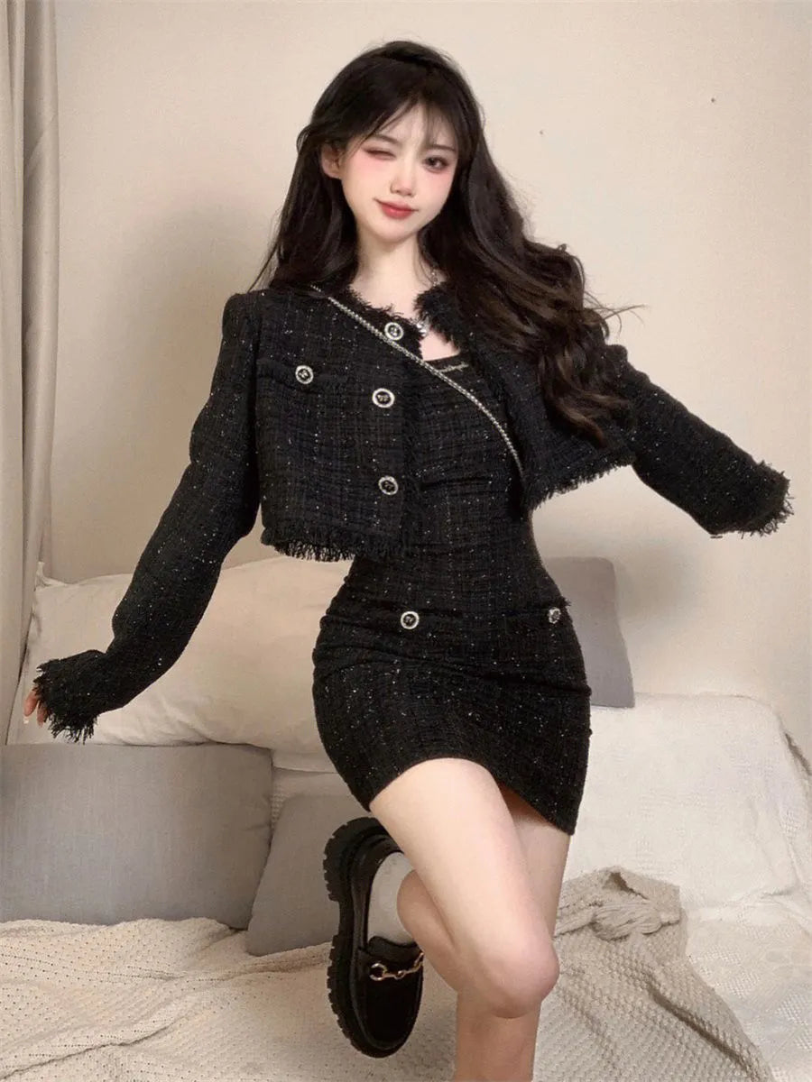 High-end Style Women's Suit Skirt Set Fashion Spring and Autumn Design Sense Slim-fit Short Jacket Top Sling Dress Two-piece Set