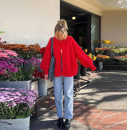maoxiangshop  -  O-neck Single Breasted Cardigan Knitted Coat Women 2024 Autumn Winter Casual Solid Color Long Sleeve Red Warm Sweater Coats