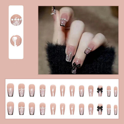 24Pcs Glitter Nails Set Press on With Glue Black Heart Design Fake Nails Detachable False Nails Full Cover Nail Tips for Girls