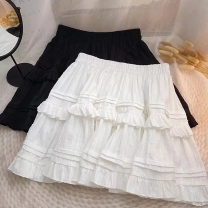 maoxiangshop Ruffle Pleated Mini Skirts Women Lolita Casual White Short Skirt Cutecore Korean Style Sweet Girl Black Layered Skirt