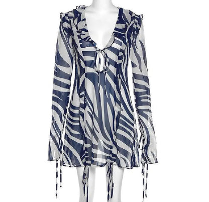 Women's Sexy Blue Striped See-through Bikini Cover-Ups Lace Up V-neck Beachwear Bathing Dress Cover-Ups Swimwears