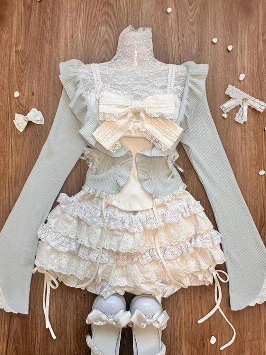 maoxiangshop  -  Sweet 3 Piece Sets Women Harajuku Ruffled Cardigan + Lace Patchwork Bow Vest + Mini Cake Skirts Cute Y2k Aesthetic Outfits Suit