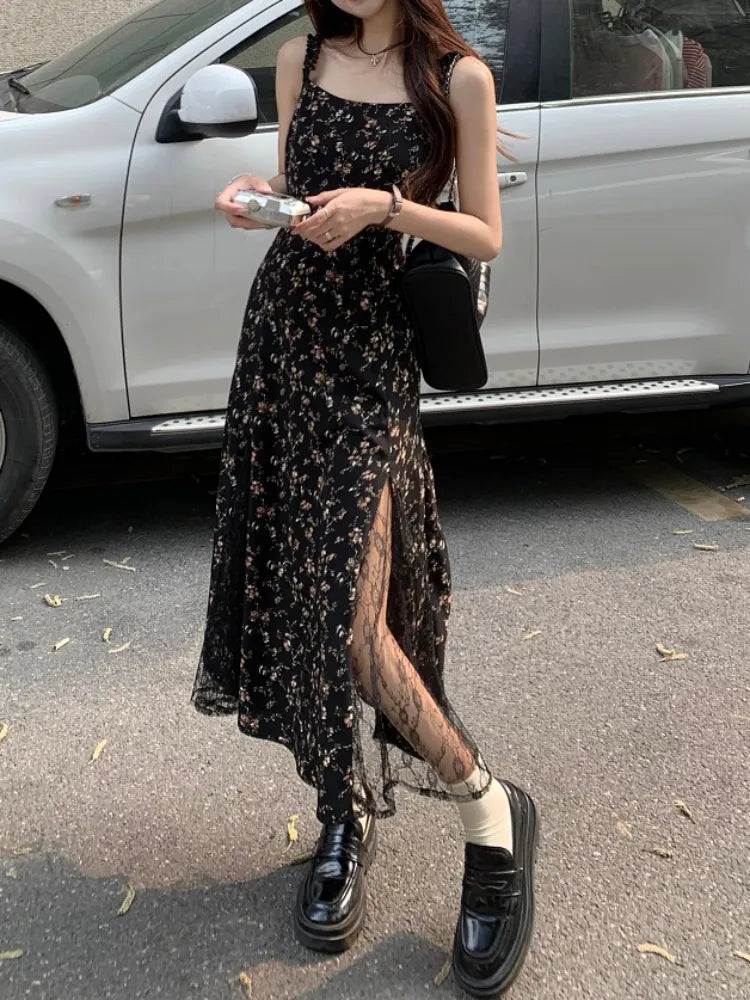 Y2k Vintage Black Mesh Dress Women Korean Reviews Many Dresses Fairy Floral Summer One Piece Midi Slip Chiffon Vestidos