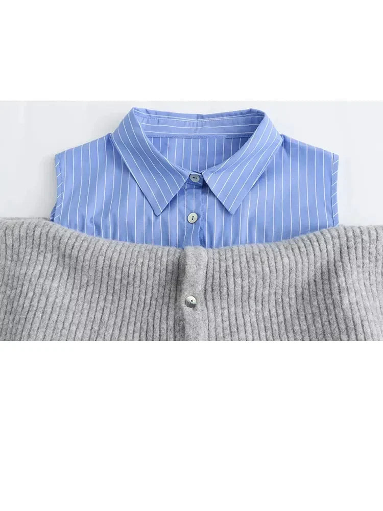 maoxiangshop -  Autumn Women Fashion Cardigan Knitting Lapel Shirt Patchwork Off Shoulder Crop Top Female Long Sleeve Casual Sweaters