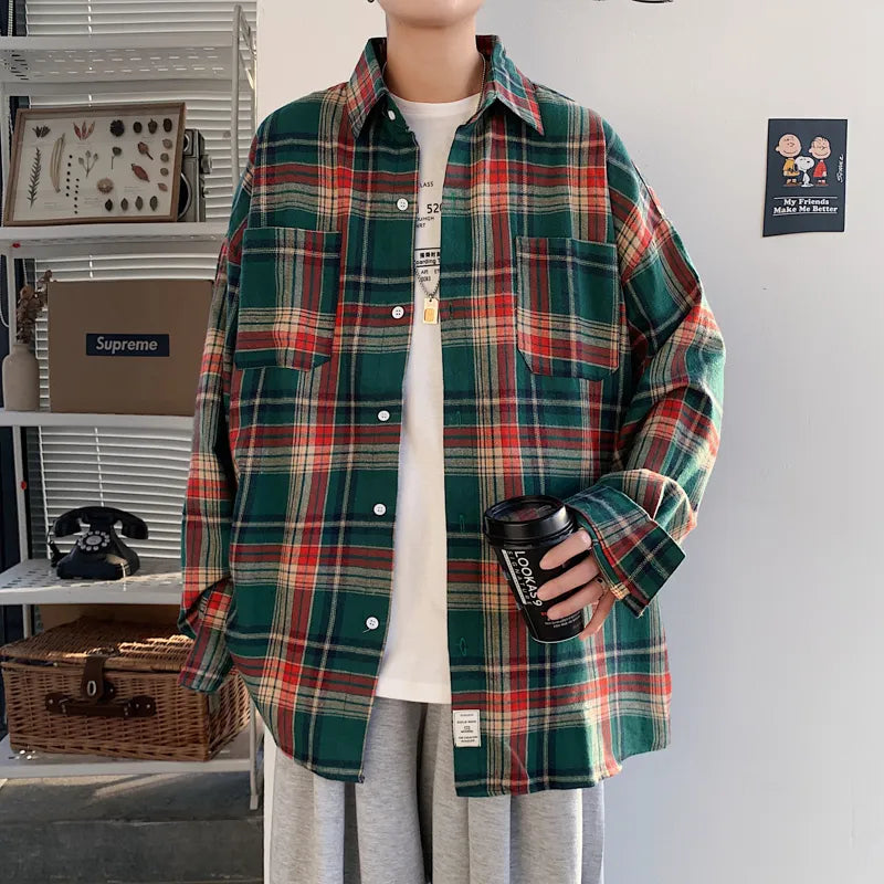 maoxiangshop Harajuku Long Sleeve Plaid Shirts Men Big Size M-5XL Autumn Chic Loose Vintage High Street All-match Gentleman Camisa
