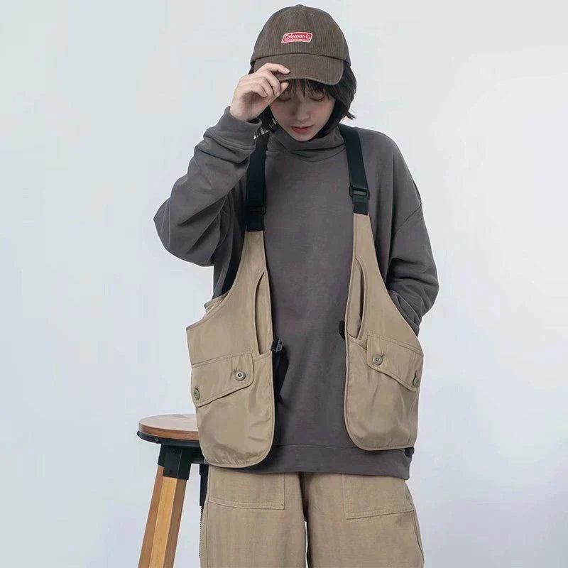 Streetwear Casual Cargo Vest Women Multi Pocket Tooling Vest Bf Hip Hop Y2K Gothic Loose Sleeveless Jacket Basic Tank Top