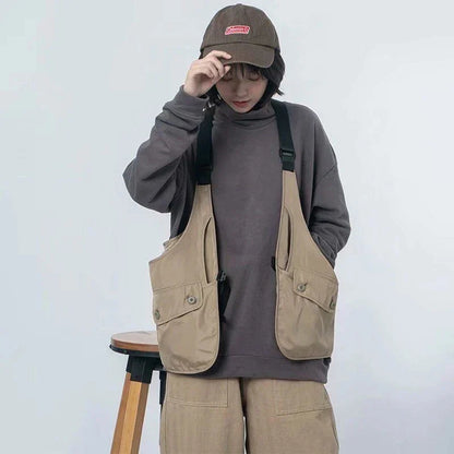 Streetwear Casual Cargo Vest Women Multi Pocket Tooling Vest Bf Hip Hop Y2K Gothic Loose Sleeveless Jacket Basic Tank Top