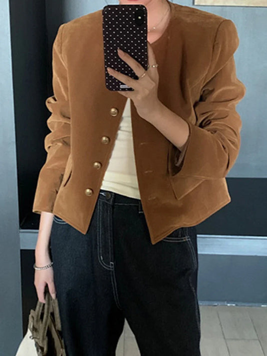 maoxiangshop  -  Autumn Vintage Solid Velvet Short Jacket Women 2024 New O Neck Long Sleeve Coat Korean Fashion Elegant Single Breasted Outerwear