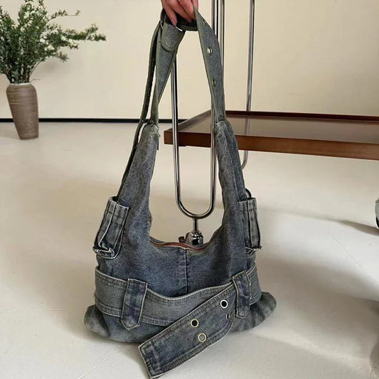 Trendy Women Vintage Denim Punk Shoulder Bag Y2k Streetwear Grunge Handbag Cool Girls Retro Gothic Casual Underarm Bags