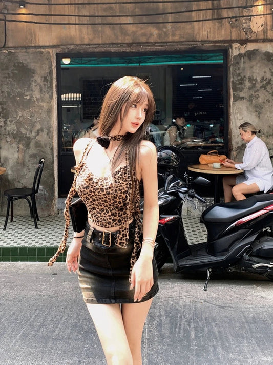 maoxiangshop 2000s Vintage Leopard Vest Women Casual Y2k Crop Tops Sexy Female Outwear Summer Korean Fashion Elegant Tank Tops Blouse Shirt