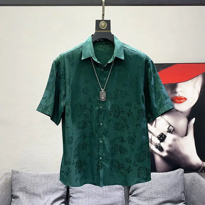 maoxiangshop Men High Quality Vintage Flower Casual Streetwear Y2K Button Shirts Trendy Lapel Black White Loose Short Sleeve Tops Ropa Hombre