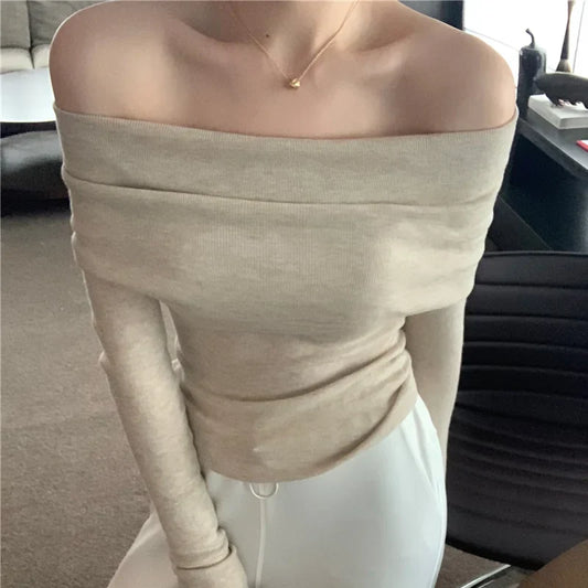 maoxiangshopBlack Solid Off Shoulder Elegant Long Sleeve Tops Korean Fashion Slim Sexy Cropped T Shirt Women Autumn Y2k Clothing Skinny Top