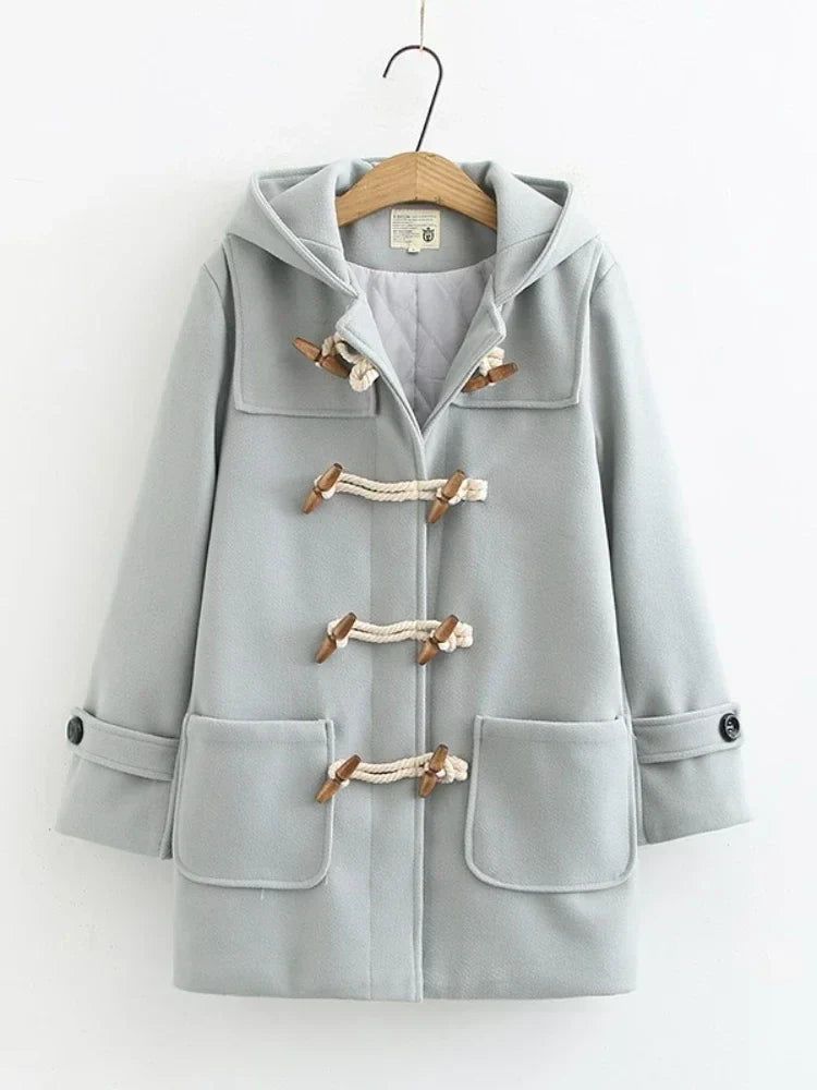 Winter Women Wool Blends Coat Straight Long Hooded Coats Jacket  Horn Button  Sleeve Preppy Style Female Warmness Outwears