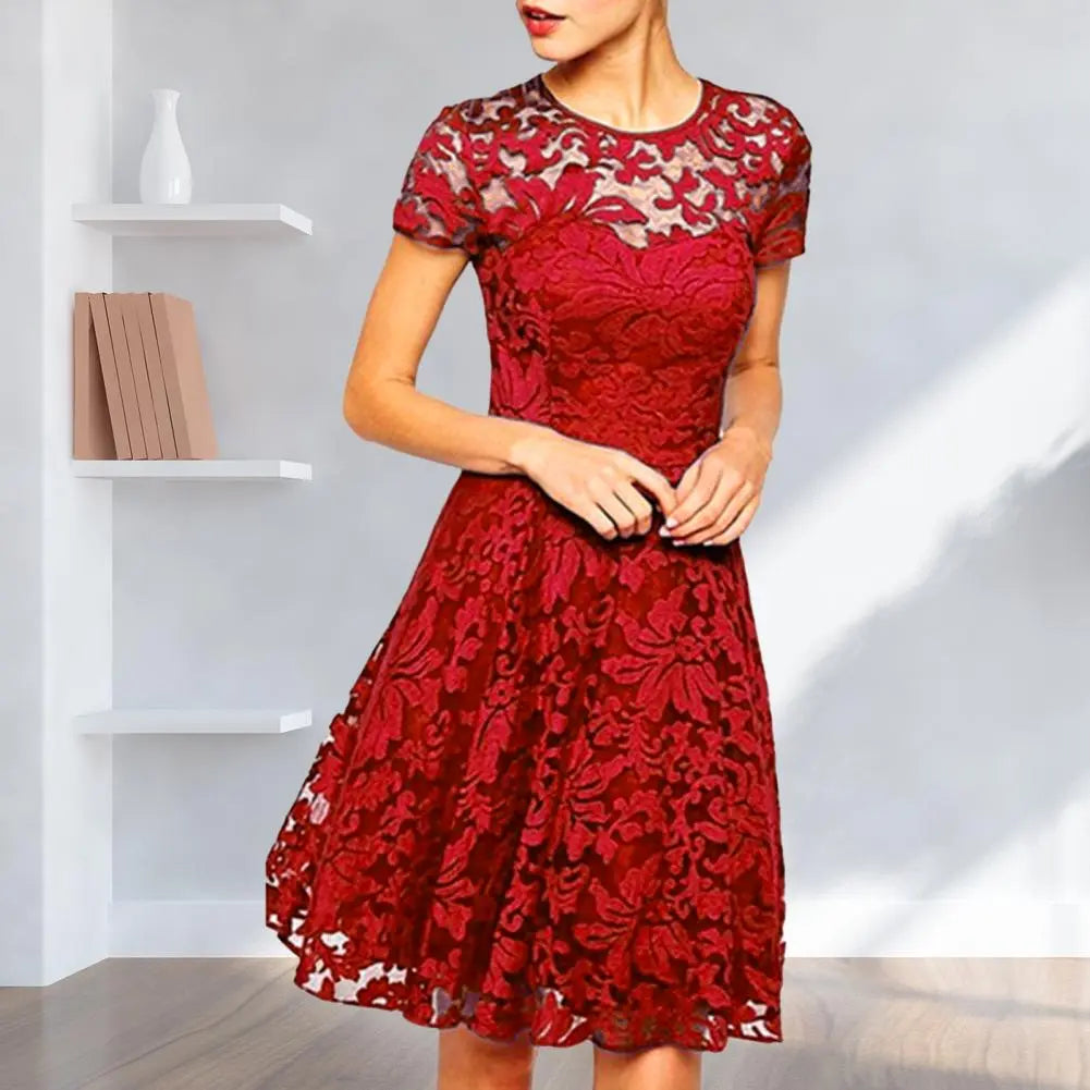 maoxiangshop Women Summer Dress See-through Hollow Out Lace Party Mini Dress Round Neck A-line Plus Size Prom Dress Women Clothes