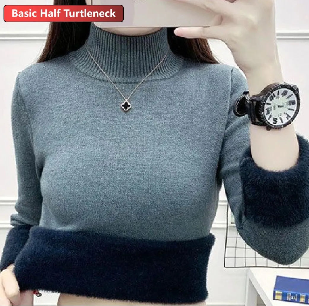 maoxiangshop Turtleneck Winter Sweater Women Elegant Thicken Velvet Lined Warm Sueter Knitted Pullover Slim Tops Jersey Knitwear Jumper New