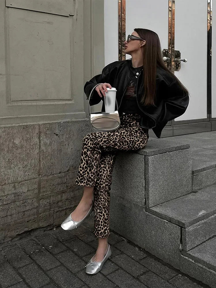 maoxiangshop  -  Leopard Printed Long Pants Women's 2024 Spring Autumn Slim Single Button Pencil Trousers Female Stylish High Waist Ladies Pants