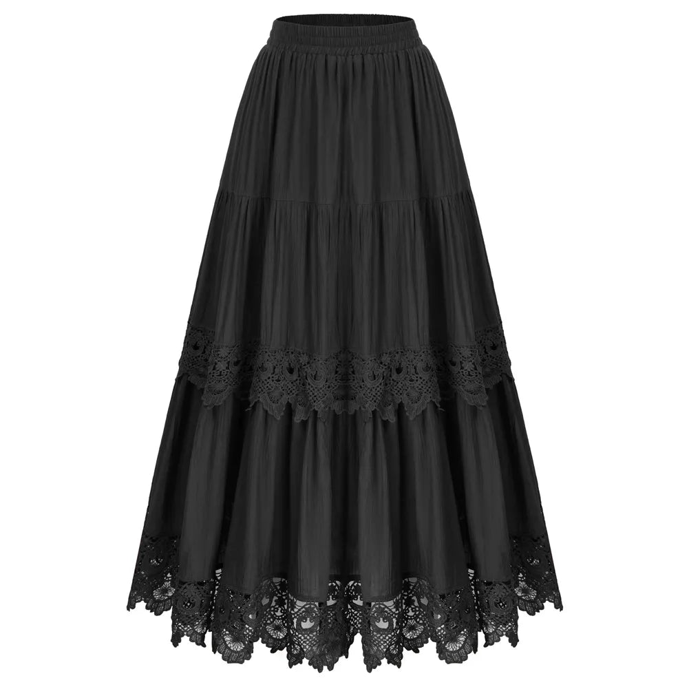 maoxiangshop Women Renaissance Skirts Lace Hem Tiered Skirt Elastic Waist A-Line Maxi Skirt Club Party Vintage Steampunk Casual Skirt