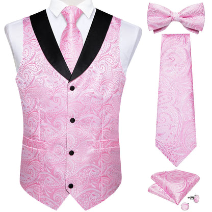 maoxiangshop Brand Suit Vest Set For Men Luxury Silk Black Gold Paisley Dress Vest Tie Cufflinks Handkerchief Set Male Sleeveless Waistcoat