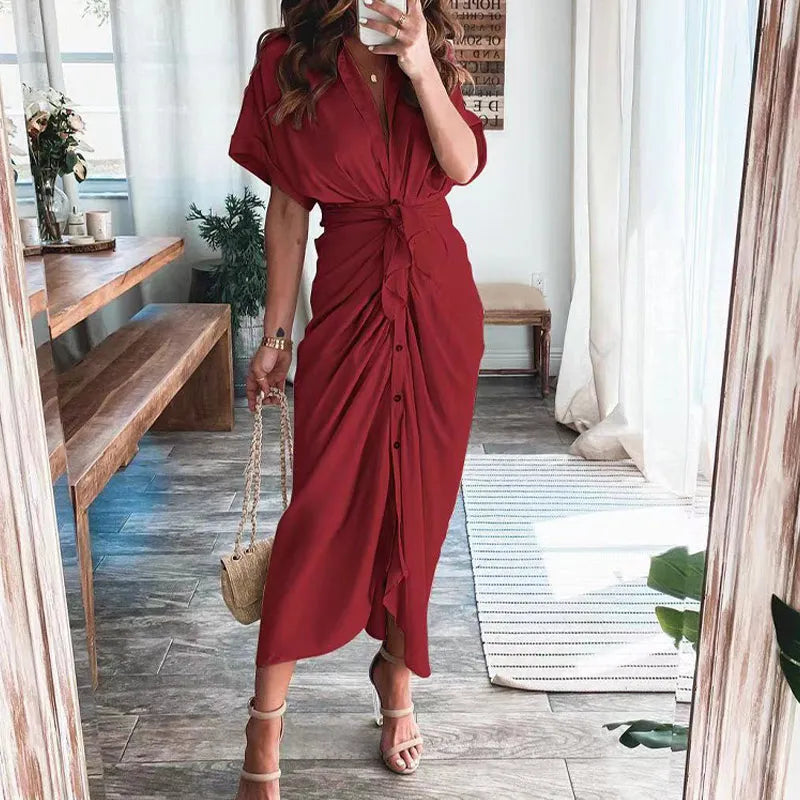 maoxiangshop Women Summer Elegant Button Ruched Bandage Shirt Dress Fashion Casual Short Sleeve Solid V Neck Beach Maxi Dress