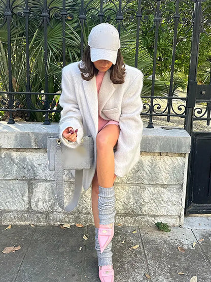 maoxiangshop -  Fashion Women Oversize Lapel Blazer Overcoat Long Sleeve Thick Woolen Coat Solid Loose Autumn Elegant Female Warm Outerwear