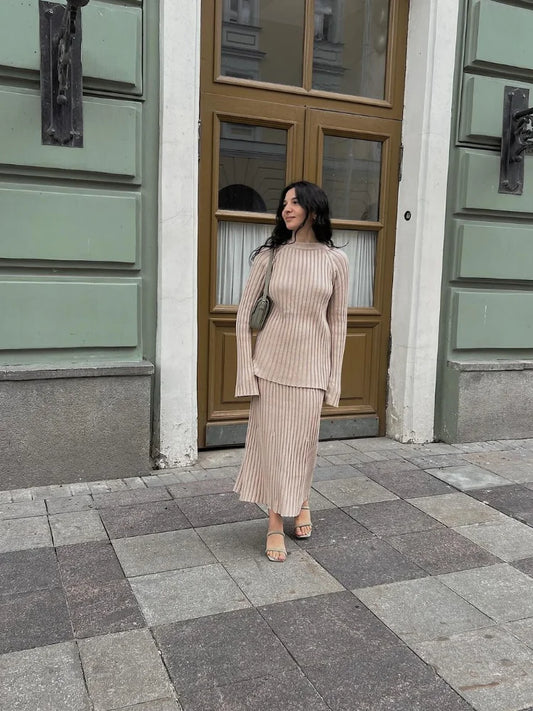 maoxiangshop  -  Casual Solid Knitted Skirt Suits Women Chic Round Neck Long Sleeves High Waist Pullover Tops 2024 Autumn Lady Office Outfit